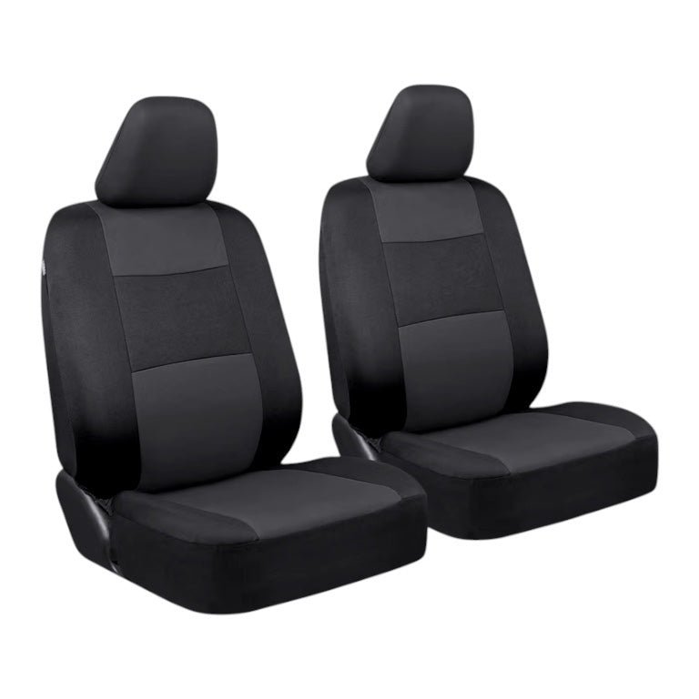 BDK PolyPro front seat covers in charcoal grey and black shown fitted to two bucket seats