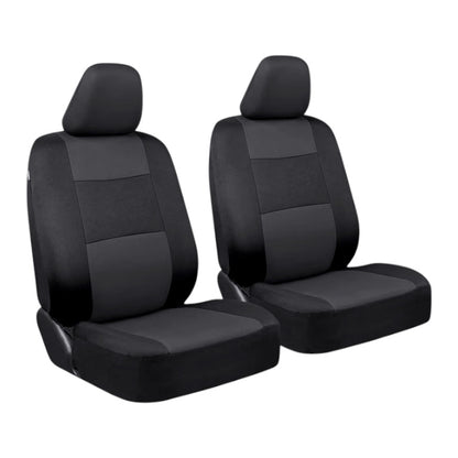 BDK PolyPro front seat covers in charcoal grey and black shown fitted to two bucket seats