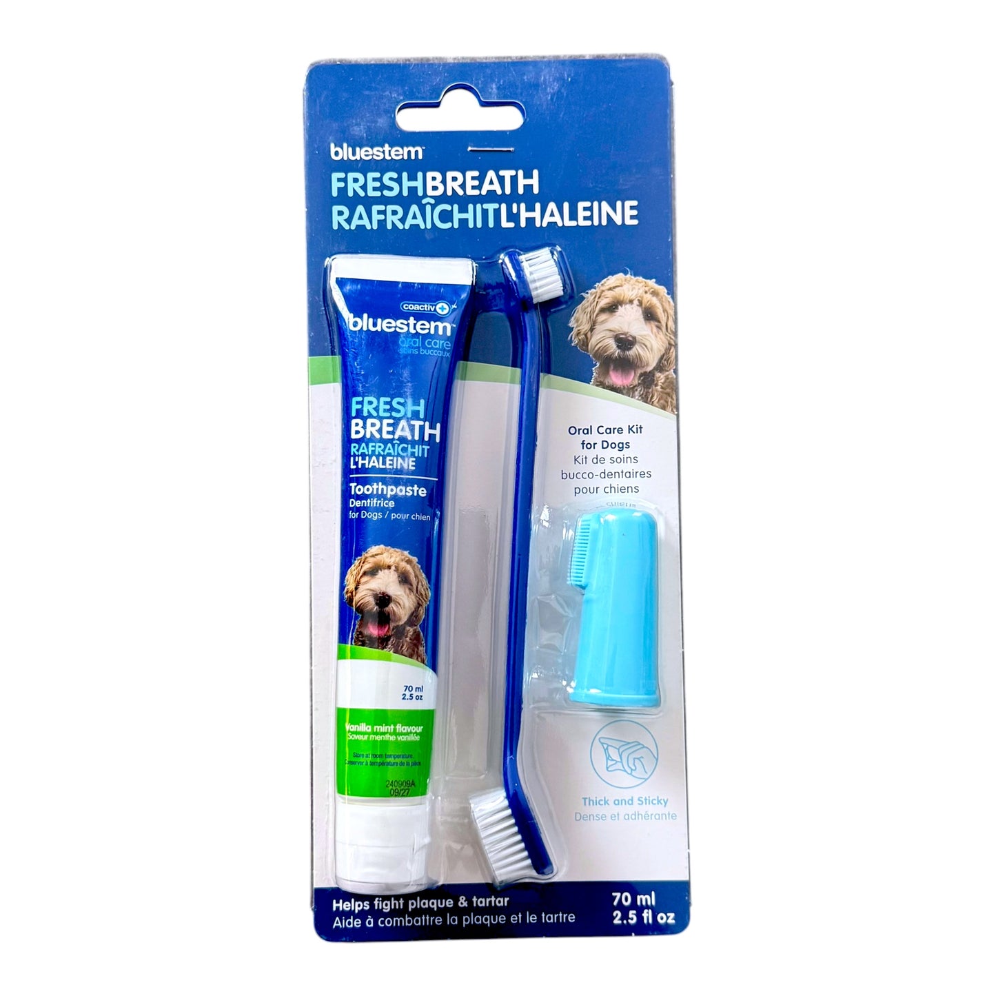 Bluestem Fresh Breath Oral Care Kit for Dogs in retail packaging, containing a blue and white toothbrush, a tube of dental cleaner, and a blue toothpick holder on a white background.