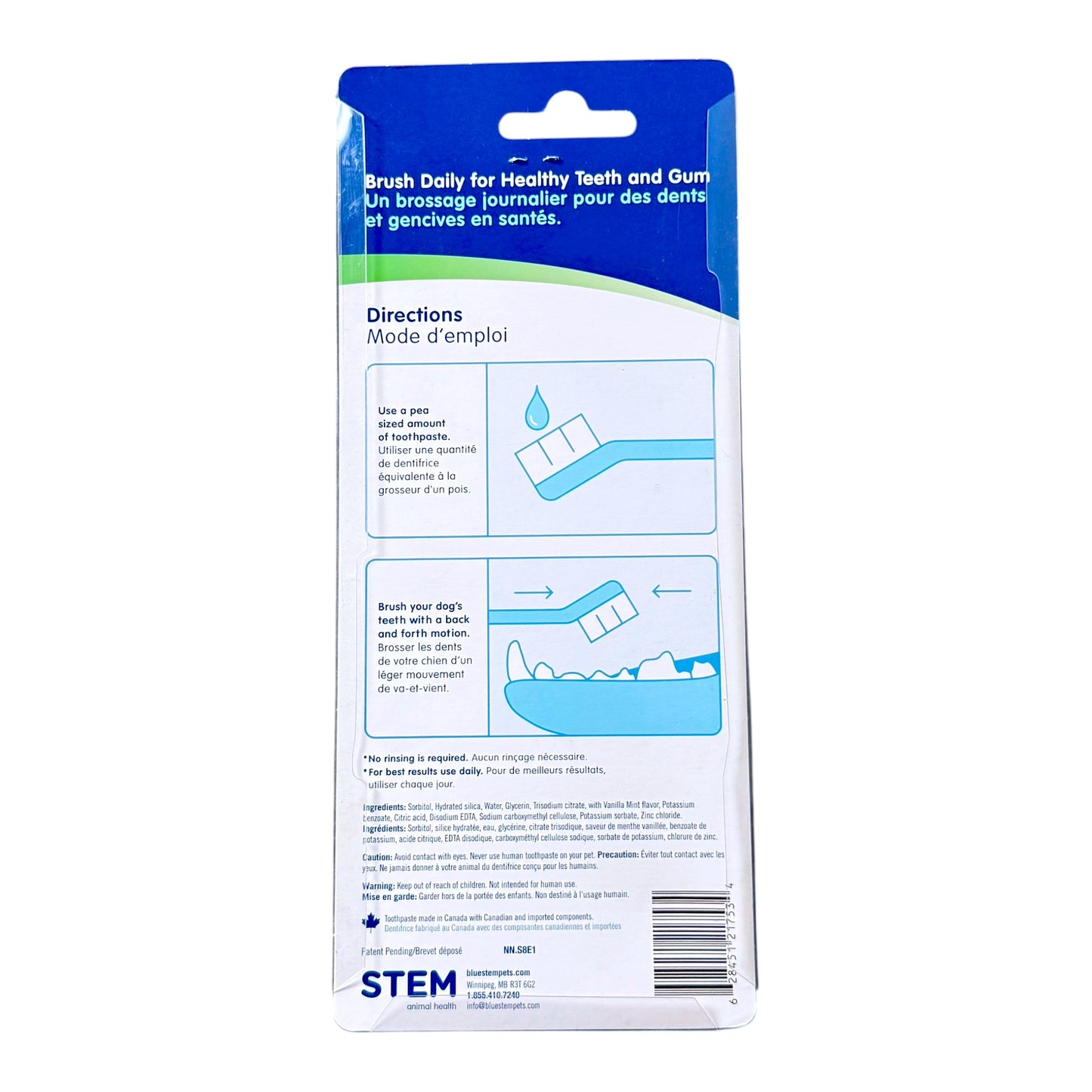 The back of a toothbrush packaging card, showing usage directions in English and French with blue and white graphics.