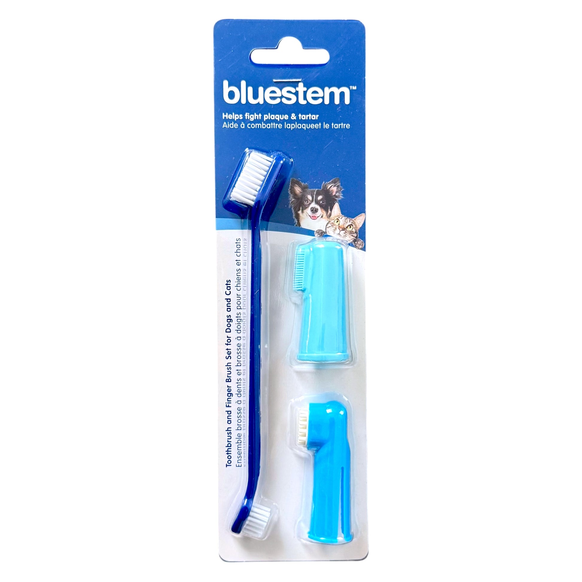 Bluestem dog toothbrush and finger brush set in blue packaging, featuring one blue toothbrush, one light blue brush head, and one blue finger brush.