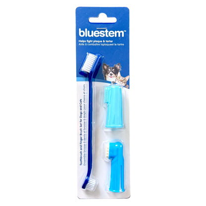 Bluestem dog toothbrush and finger brush set in blue packaging, featuring one blue toothbrush, one light blue brush head, and one blue finger brush.