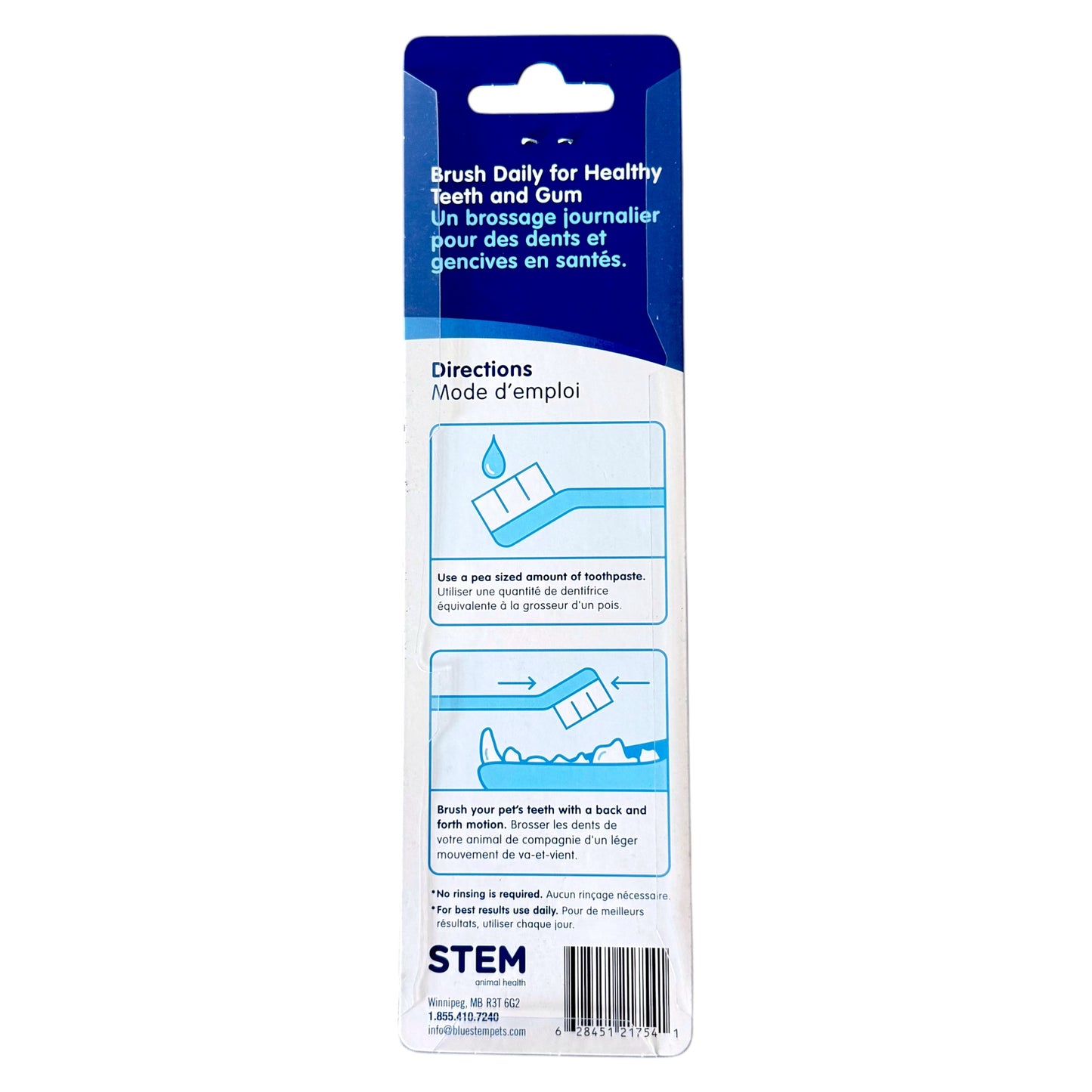 A package of pet toothbrushes with bilingual English and French instructions on how to use them, shown against a plain white background.