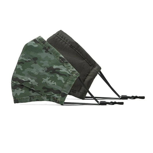 BondStreet kids' reusable face masks: green camouflage and solid dark colour mask pair with ear loops.