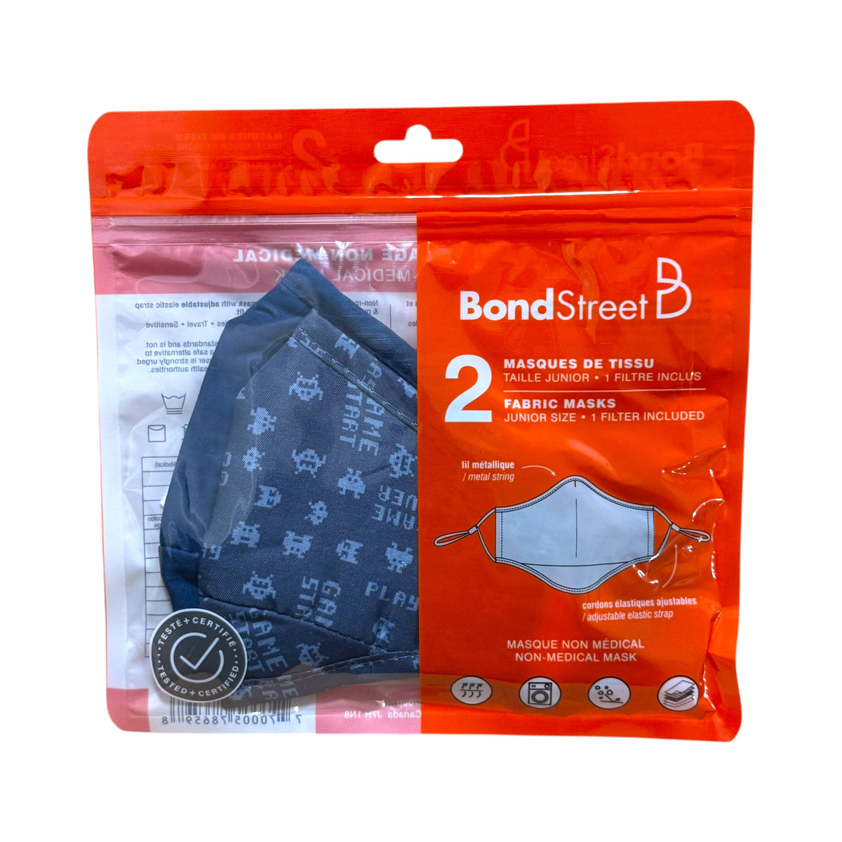 BondStreet kids reusable face masks gamer 2-pack in junior-size retail packaging