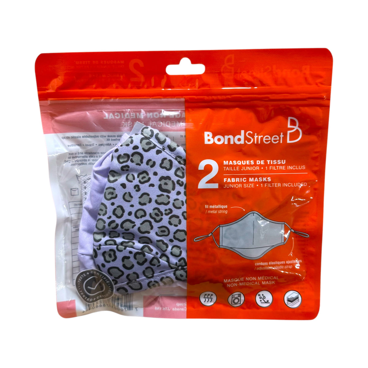 BondStreet kids reusable face masks leopard 2-pack in junior-size retail packaging
