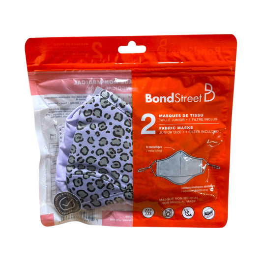 BondStreet kids reusable face masks leopard 2-pack in junior-size retail packaging