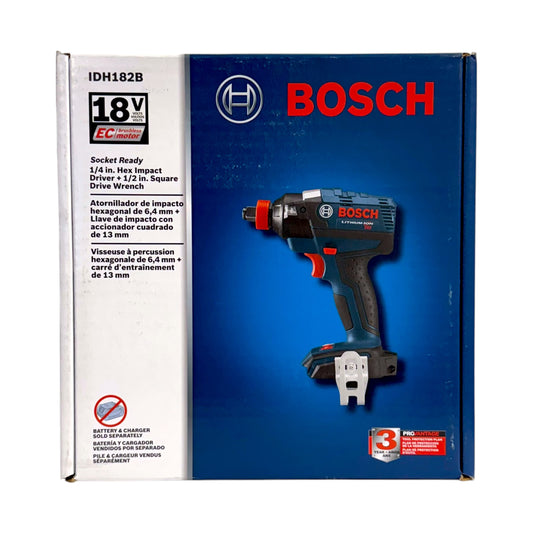 Bosch IDH182B 18V brushless Socket Ready impact driver and wrench retail box, marked tool only with battery and charger sold separately.