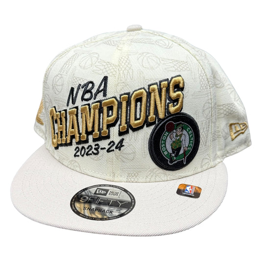 White cap with 'NBA Champions 2023-24' text and Boston Celtics logo on a white background