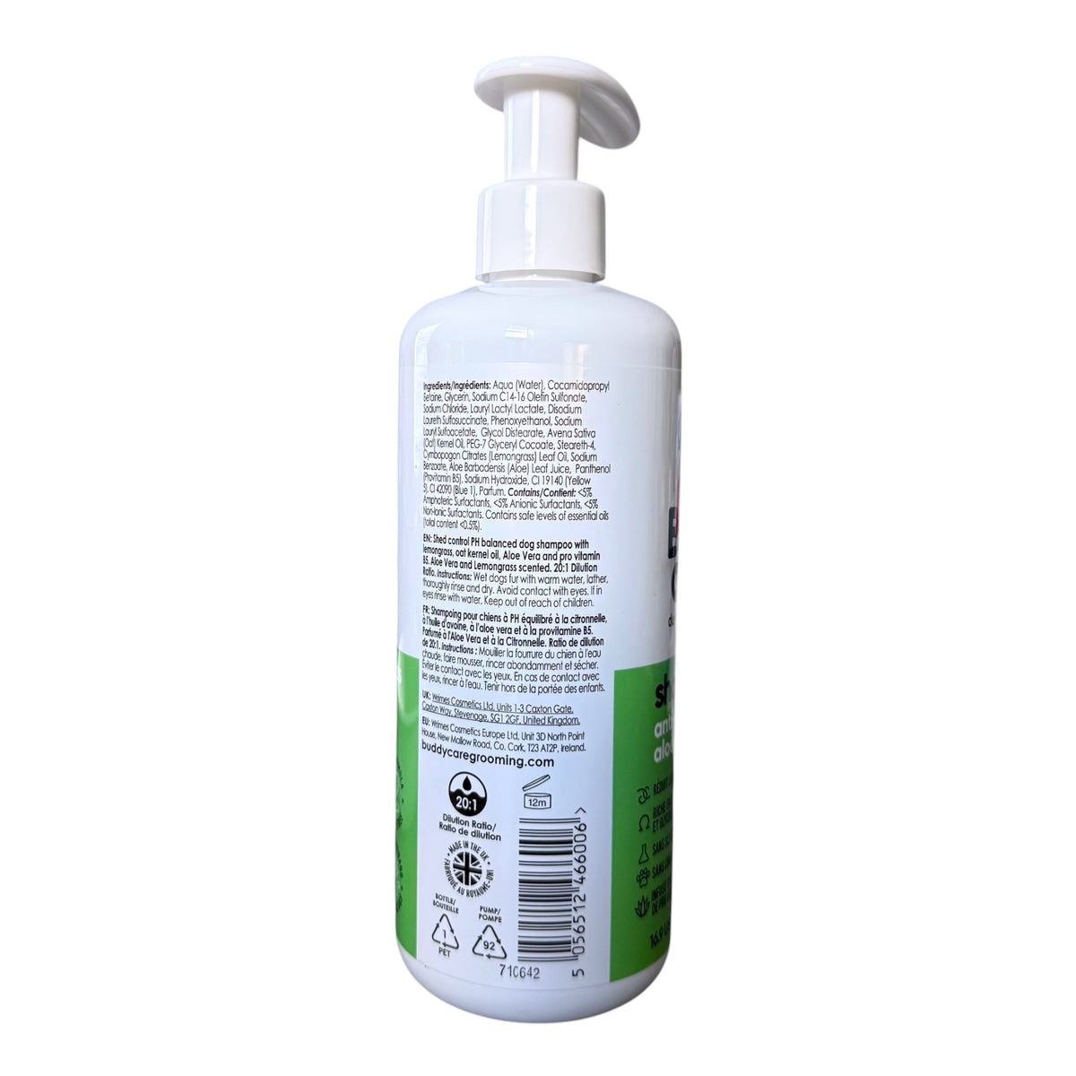Back label of Buddycare Aloe & Lemongrass Shed Control Dog Shampoo, 500 mL showing ingredients, directions and Made in the UK marking.