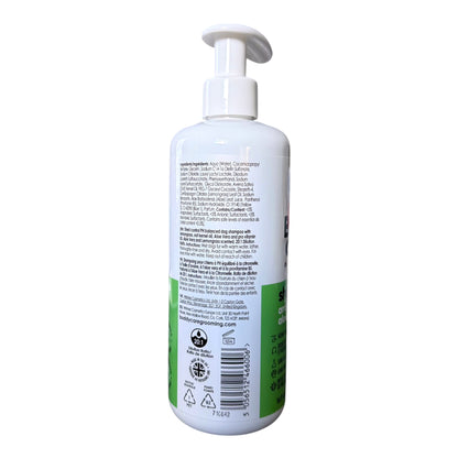 Back label of Buddycare Aloe & Lemongrass Shed Control Dog Shampoo, 500 mL showing ingredients, directions and Made in the UK marking.