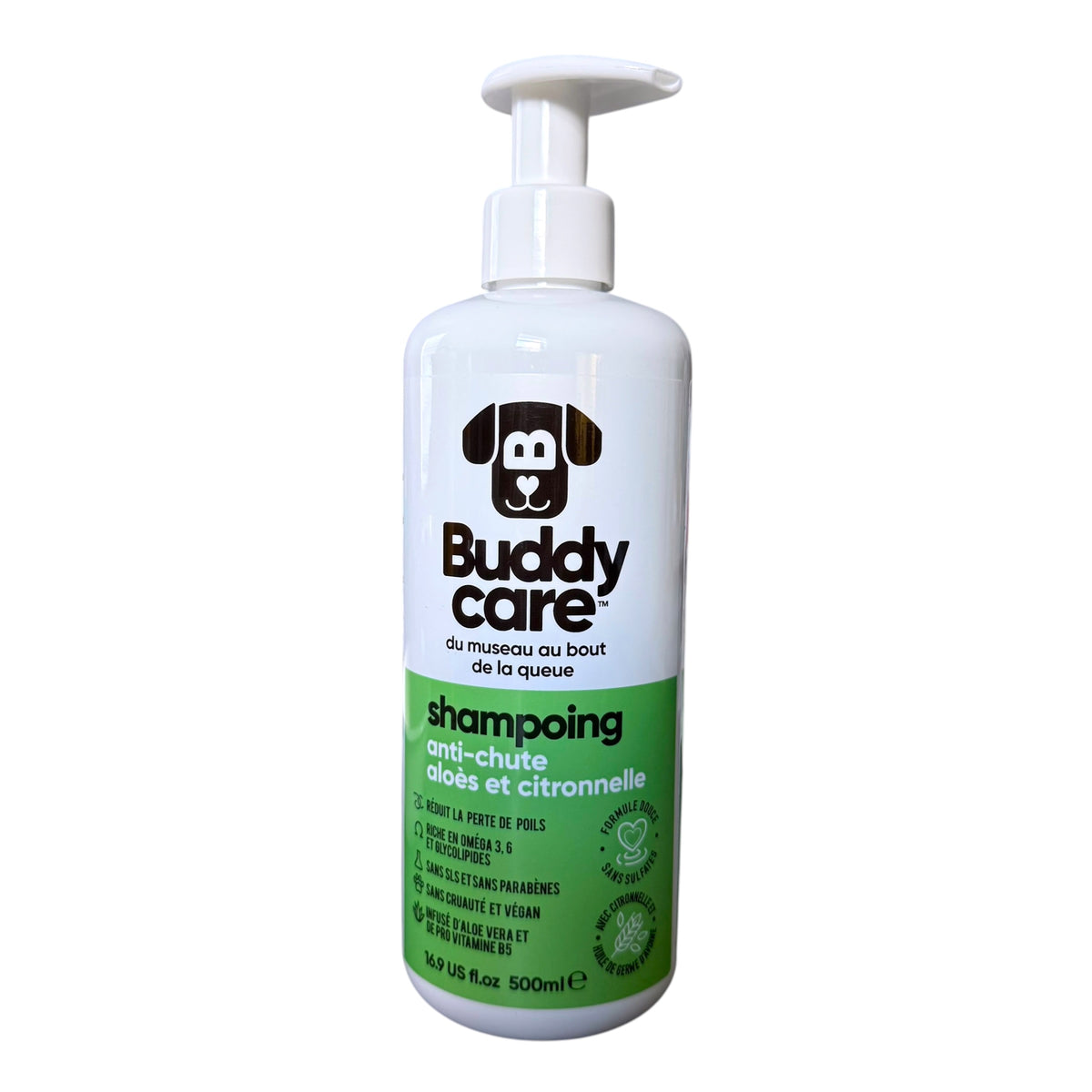 French-language label on Buddycare Aloe & Lemongrass Shed Control Dog Shampoo, 500 mL, with green product labelling.