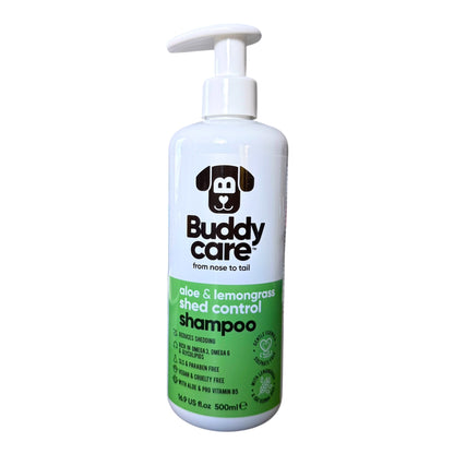 Buddycare Aloe & Lemongrass Shed Control Dog Shampoo, 500 mL in a white pump bottle with a green label.