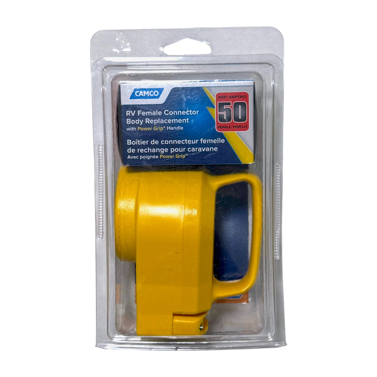 Camco 55353 Power Grip 50 amp RV female replacement connector with yellow body and integrated handle in retail packaging.