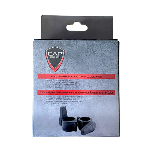 Front of CAP Barbell 2-inch Olympic clamp collars packaging showing the 2-pack and locking collar design.