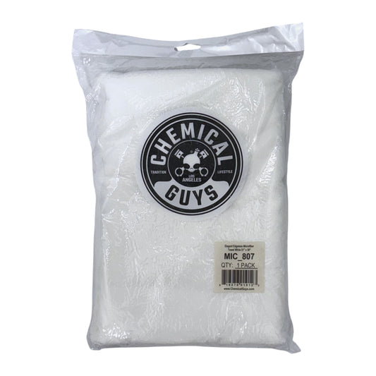 Chemical Guys MIC 807 white edgeless microfiber towel, 51 x 30 inches, packaged front view
