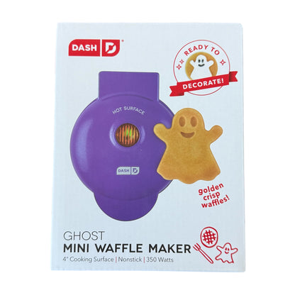 Purple ghost-shaped mini waffle maker with packaging on a white background