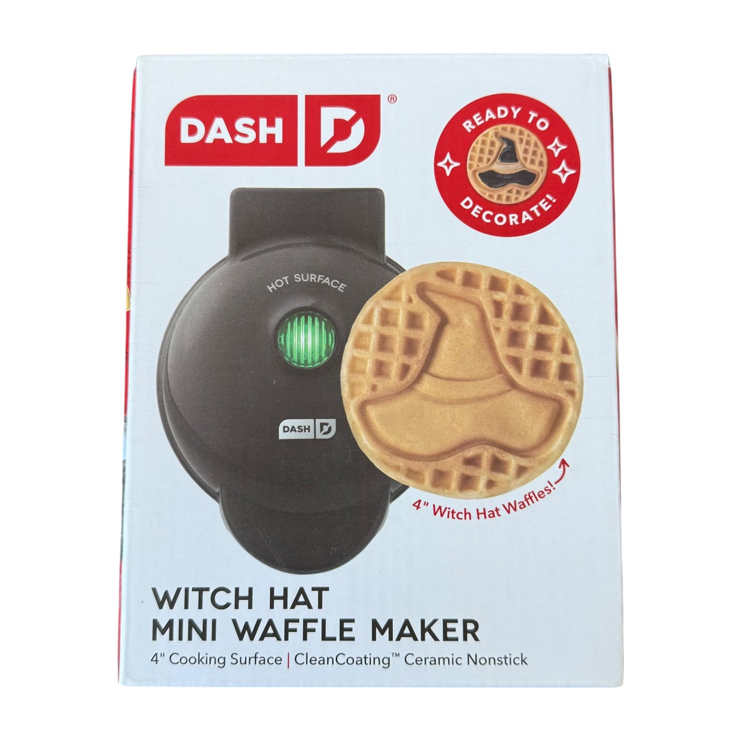 Dash Witch Hat Mini Waffle Maker with a waffle on the packaging.
