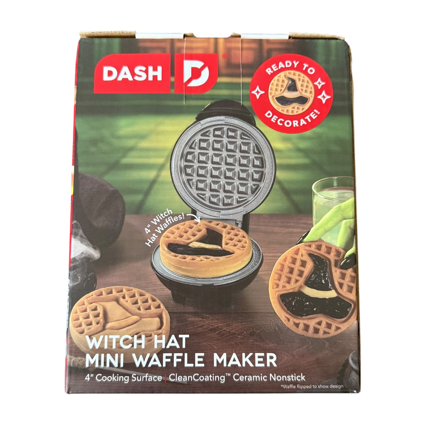 Witch hat mini waffle maker packaging with Dash brand logo