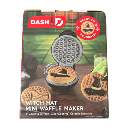 Witch hat mini waffle maker packaging with Dash brand logo