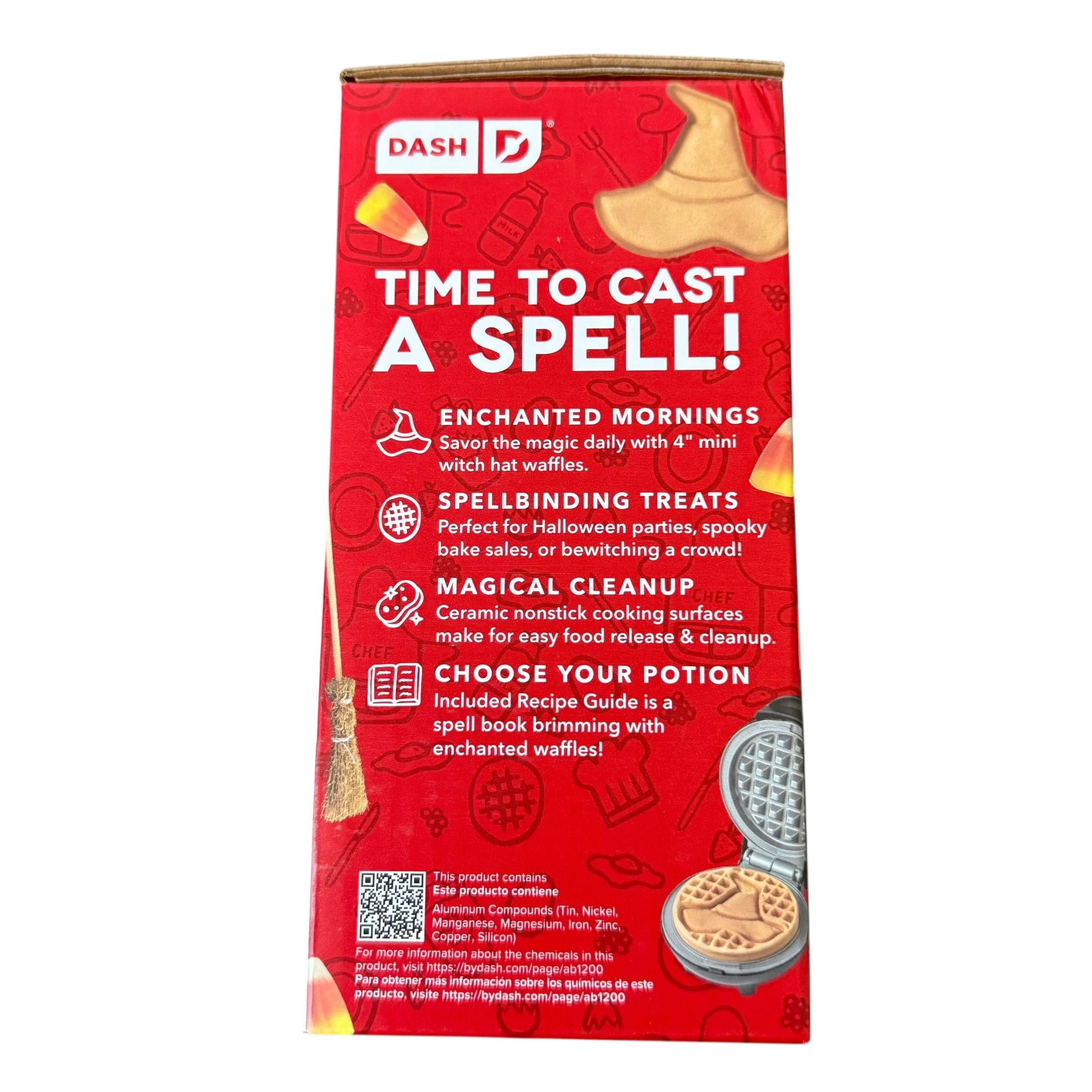 Red box with waffle-themed graphics and text on a white background