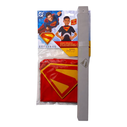 DC Superman Power Cape Set in packaging with red cape, Superman chest emblem and grey pretend-play bending bar