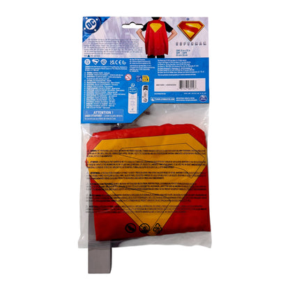 Back of Spin Master Superman Power Cape Set packaging showing the red cape, dimensions and product information