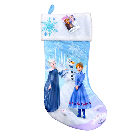 Disney Frozen Christmas stocking featuring Elsa, Anna and Olaf with snowflake artwork and a white plush cuff