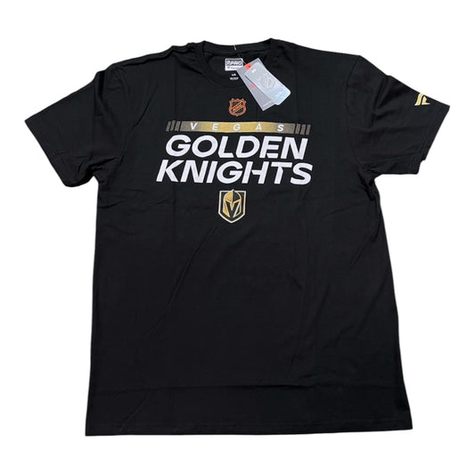 A black short-sleeve t-shirt with 'VERS GOLDEN KNIGHTS' printed in white across the chest, featuring the Vegas Golden Knights team logo in gold and white. The shirt is laid flat on a white background with its retail tags still attached.
