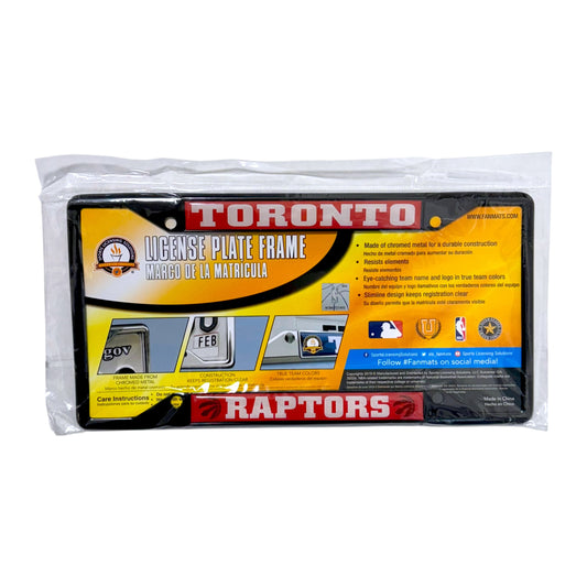 FANMATS Toronto Raptors black metal licence plate frame with red team name panels, white lettering and Raptors logos in retail packaging.