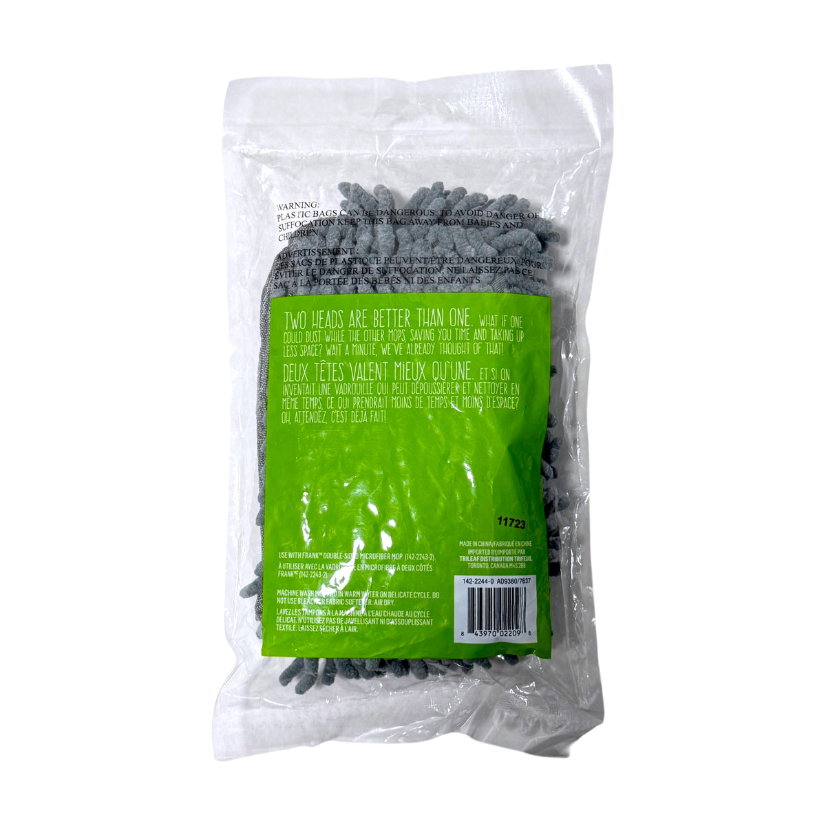 Back of FRANK double-sided microfibre mop refill packaging showing compatible mop model and washing instructions
