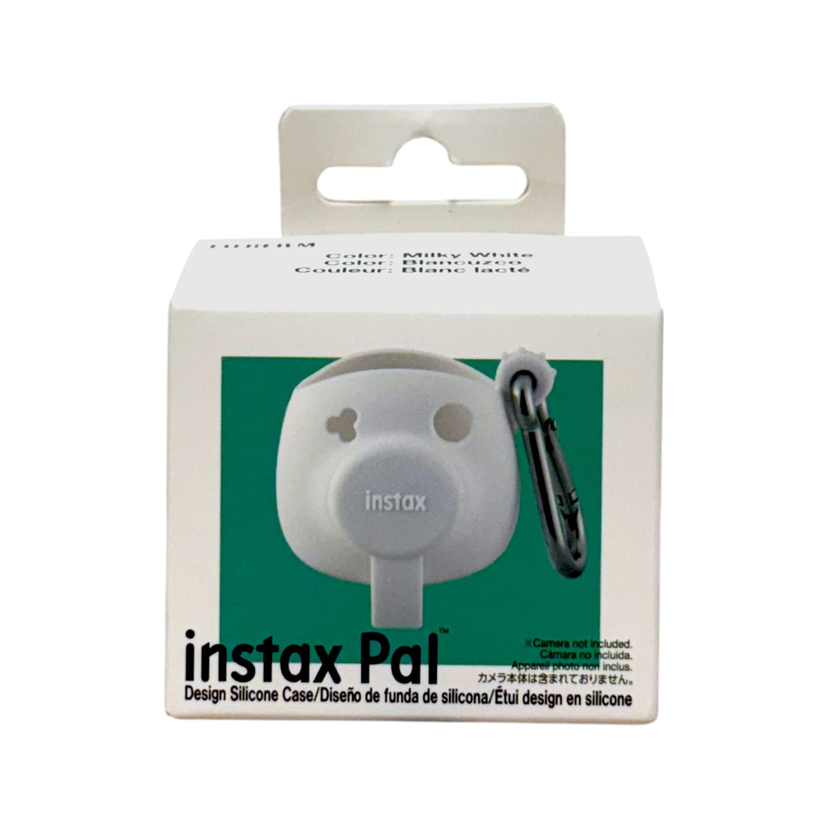 Fujifilm instax Pal design silicone case in Milky White with carabiner, front of packaging