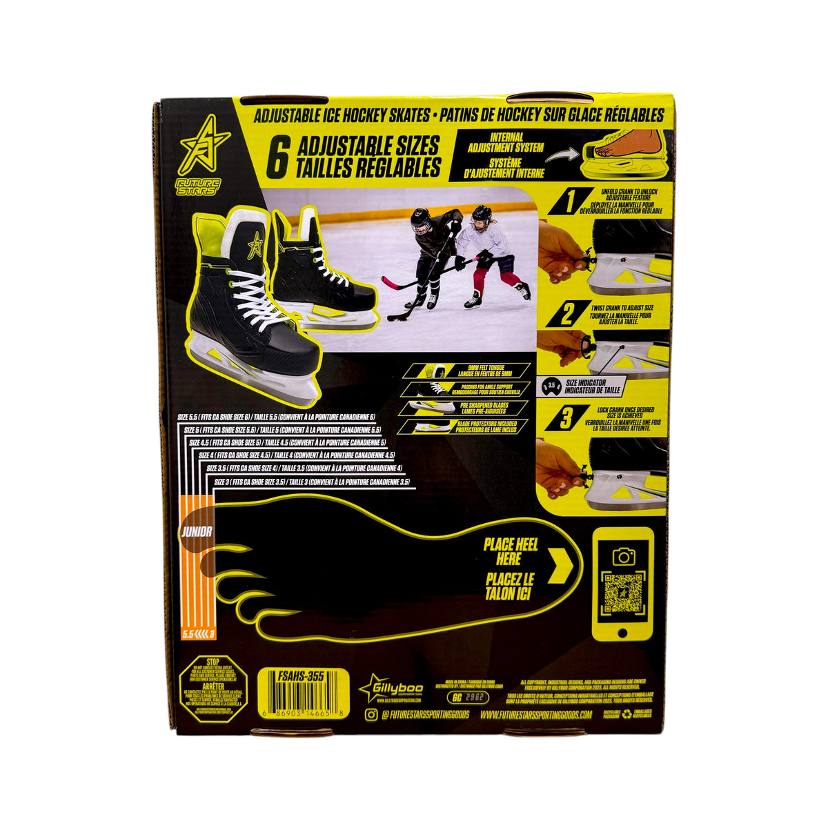 Future Stars FSAHS-355 skate packaging showing six skate sizes, Canadian shoe size chart and UPC
