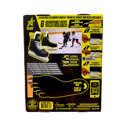 Future Stars FSAHS-355 skate packaging showing six skate sizes, Canadian shoe size chart and UPC