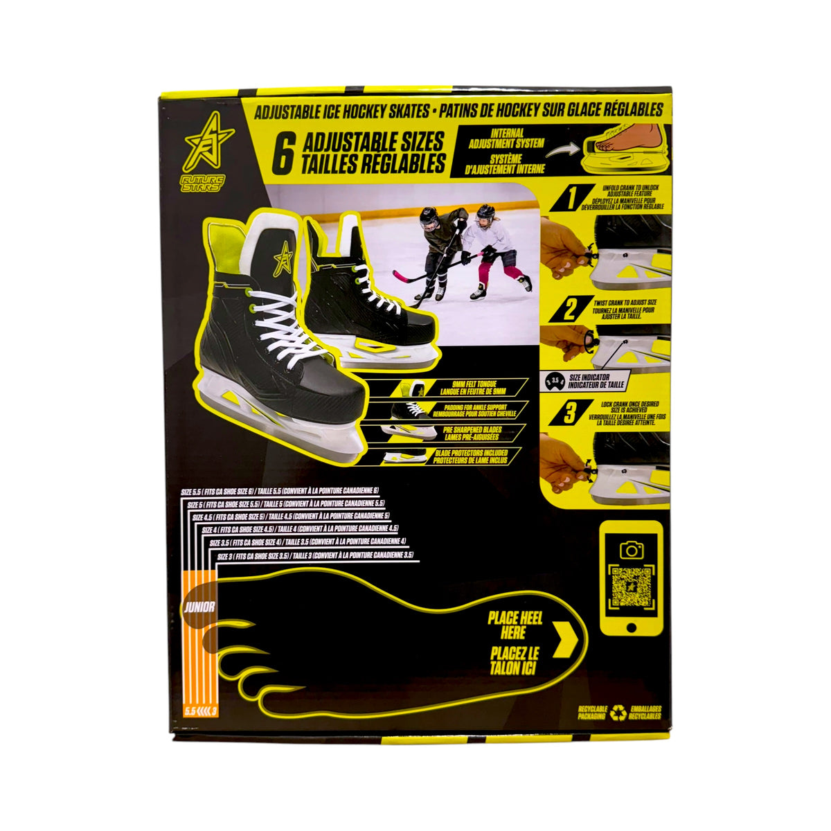 Future Stars junior adjustable ice hockey skates packaging showing sizes 3 to 5.5 and black skates with yellow accents