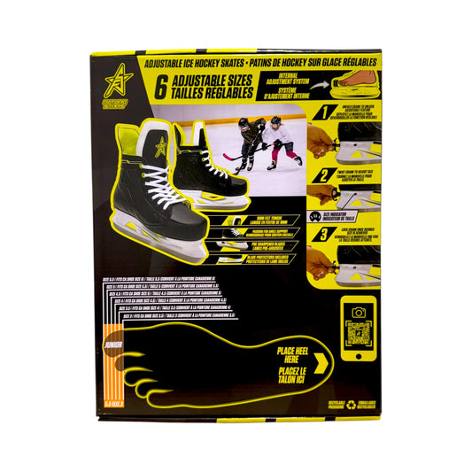 Future Stars junior adjustable ice hockey skates packaging showing sizes 3 to 5.5 and black skates with yellow accents