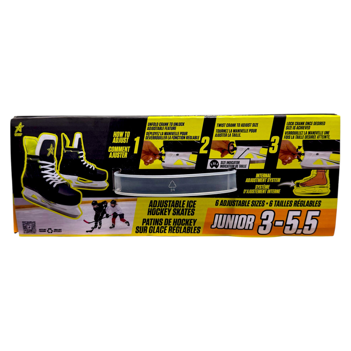Side of Future Stars junior skate box showing the crank adjustment system and size range 3 to 5.5