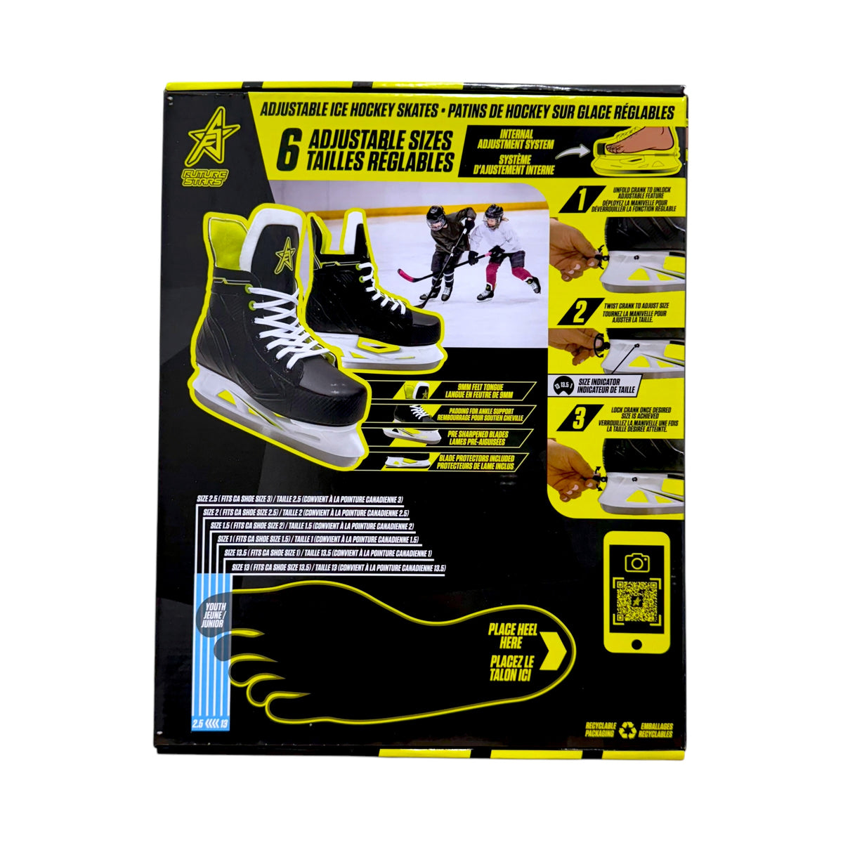 Future Stars youth adjustable ice hockey skates box showing sizes 13 to 2.5 and black skates with yellow accents