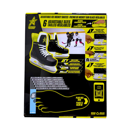 Future Stars youth adjustable ice hockey skates box showing sizes 13 to 2.5 and black skates with yellow accents