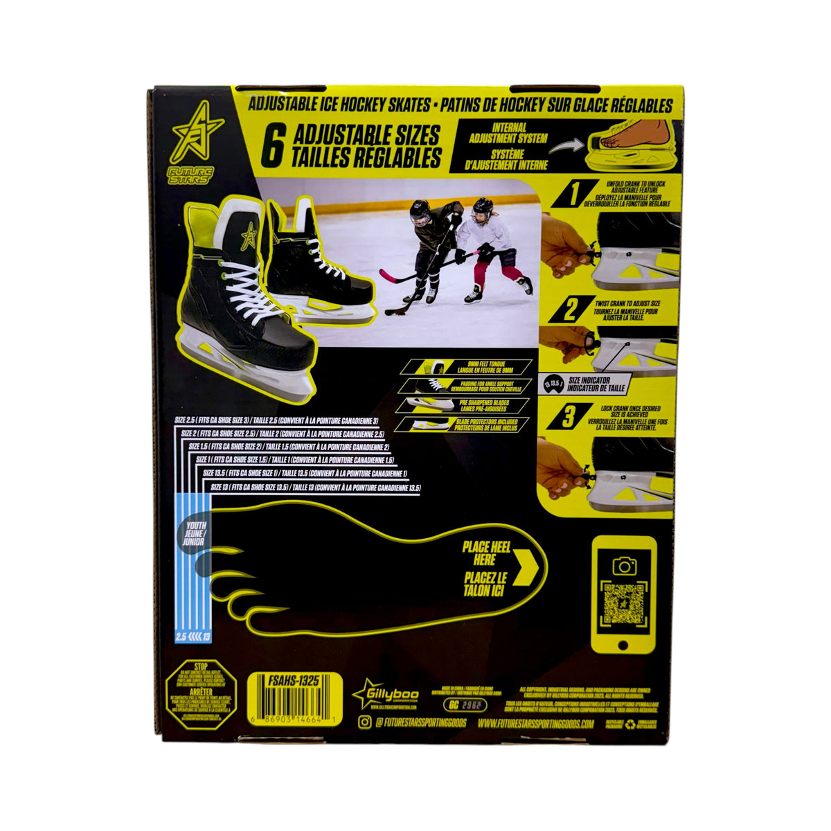 Future Stars FSAHS-1325 packaging showing six skate sizes, Canadian shoe size chart and UPC
