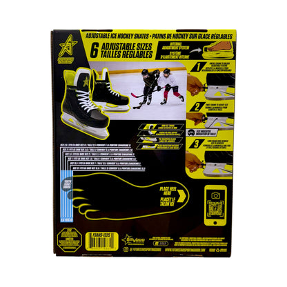 Future Stars FSAHS-1325 packaging showing six skate sizes, Canadian shoe size chart and UPC