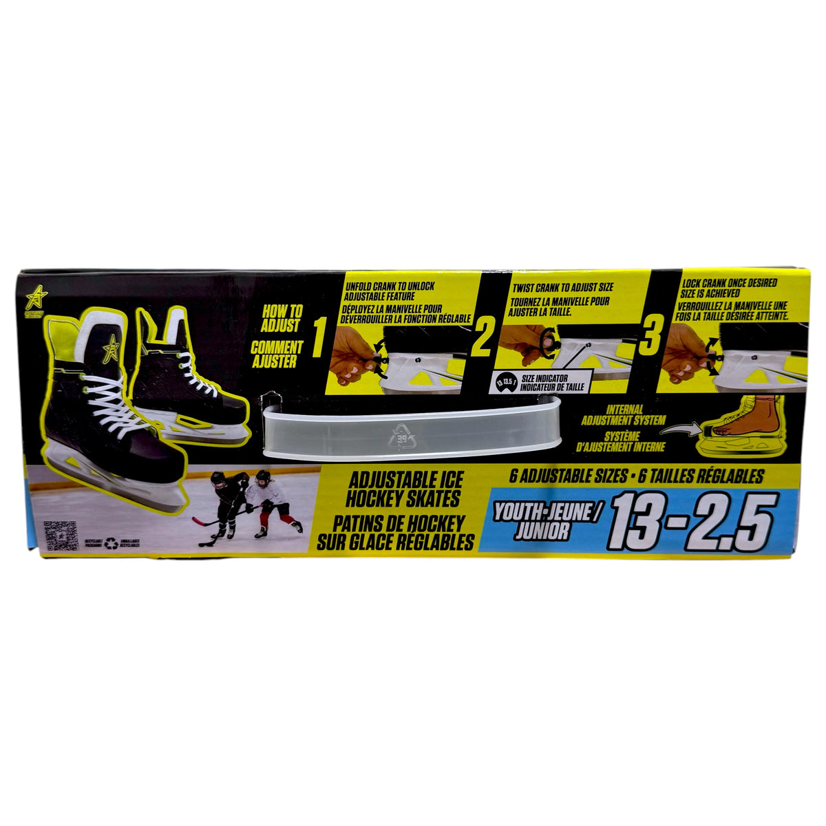Side of Future Stars youth skate box showing crank adjustment instructions and size range 13 to 2.5