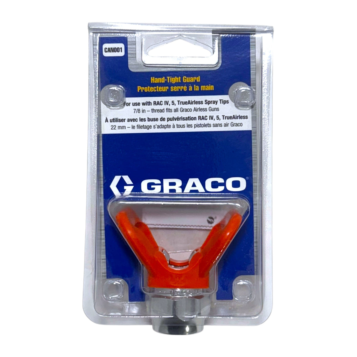 Graco CAN001 hand-tight airless spray tip guard with orange guard and 7/8-inch threaded nut in retail packaging.