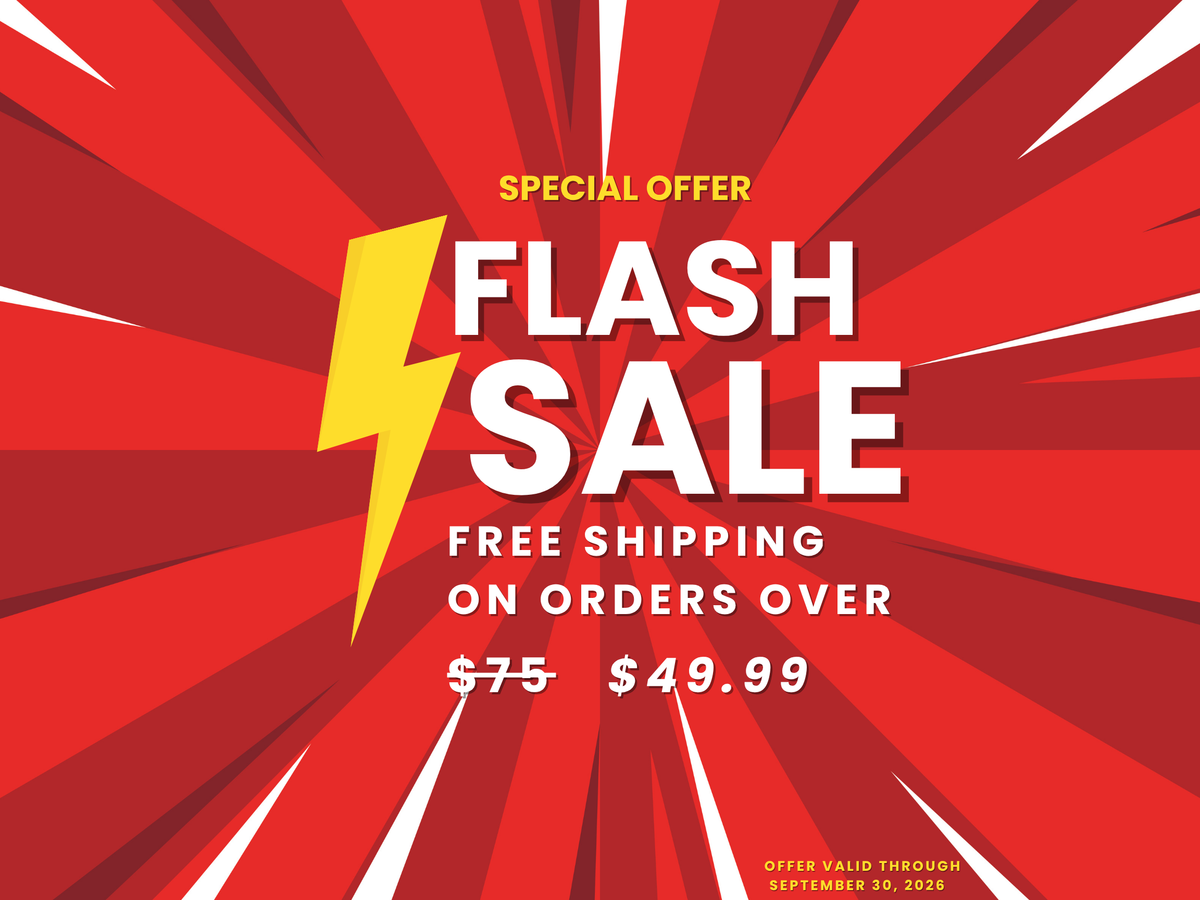 A promotional sale graphic with a red burst background, a large yellow lightning bolt, and bold white text reading 'FLASH SALE' with smaller text 'SPECIAL OFFER' and 'FREE SHIPPING ON ORDERS OVER $75 now reduced to $49.99'.