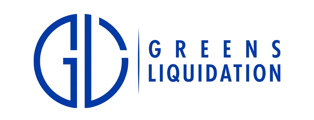 Blue logo and text reading 'GREENS LIQUIDATION' on a white background.