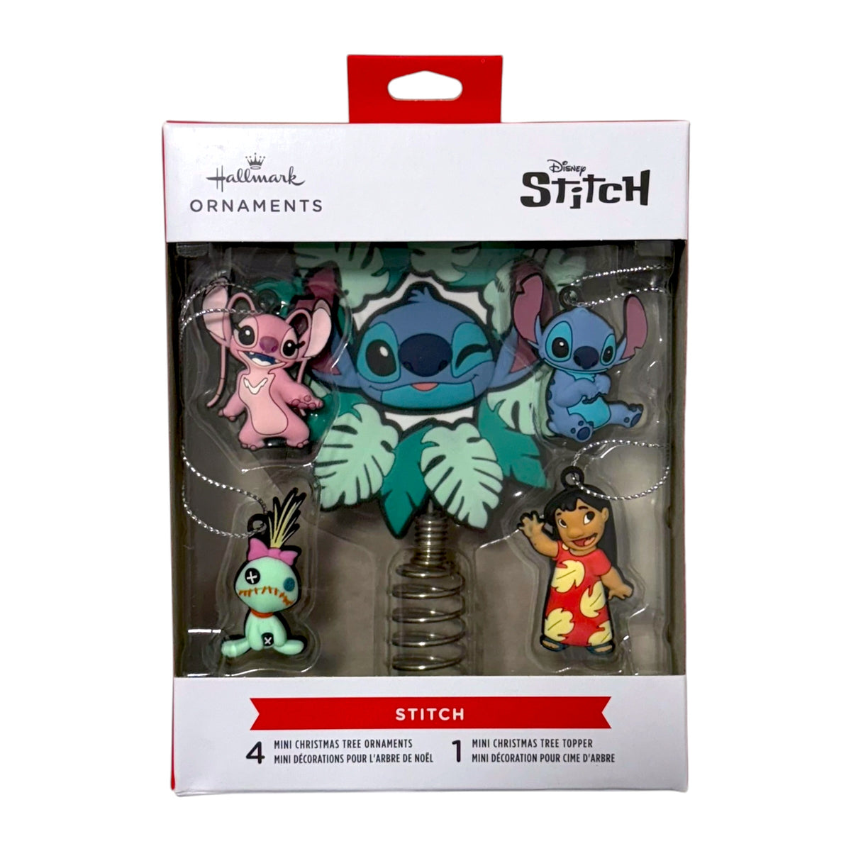 Hallmark Disney Stitch five-piece mini Christmas set with Angel, Stitch, Scrump and Lilo ornaments and a Stitch tree topper.