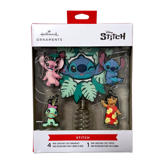 Hallmark Disney Stitch five-piece mini Christmas set with Angel, Stitch, Scrump and Lilo ornaments and a Stitch tree topper.