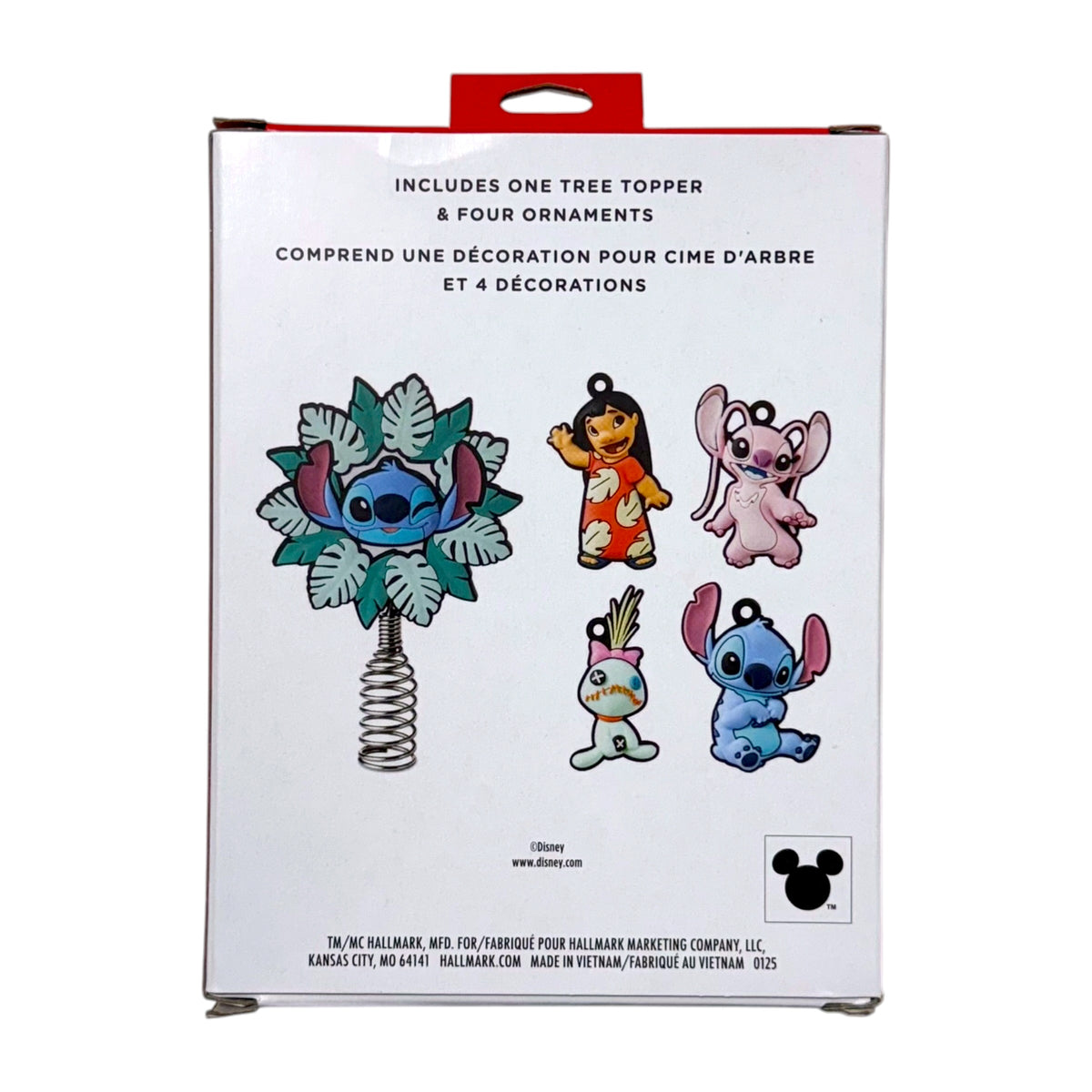 Back of Hallmark Disney Stitch mini Christmas ornament set showing four character ornaments and the tropical Stitch tree topper.