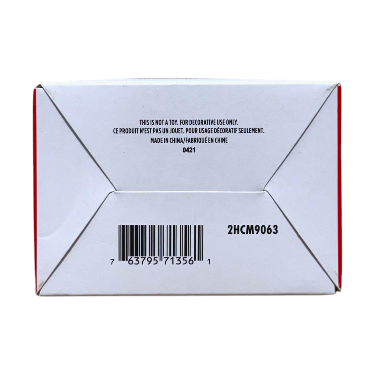 Bottom of Hallmark Fortnite Drift ornament box showing model 2HCM9063, UPC 763795713561 and decorative-use label