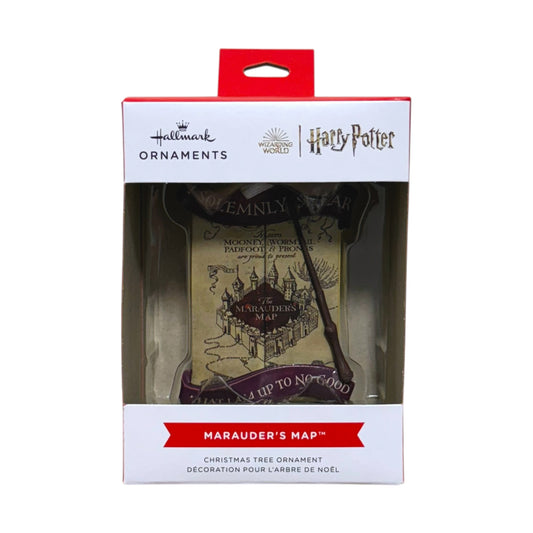 Hallmark Harry Potter Marauder's Map Christmas tree ornament with parchment-style map artwork, banners and a wand detail in its window display box.